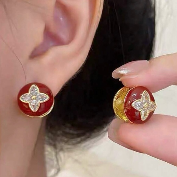 Elegant Red and Gold Floral Earrings - Picture 1 of 6